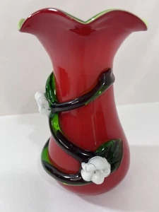 Art Glass Vase Applied Flower on Vase Red with Green Center - Picture 1 of 14