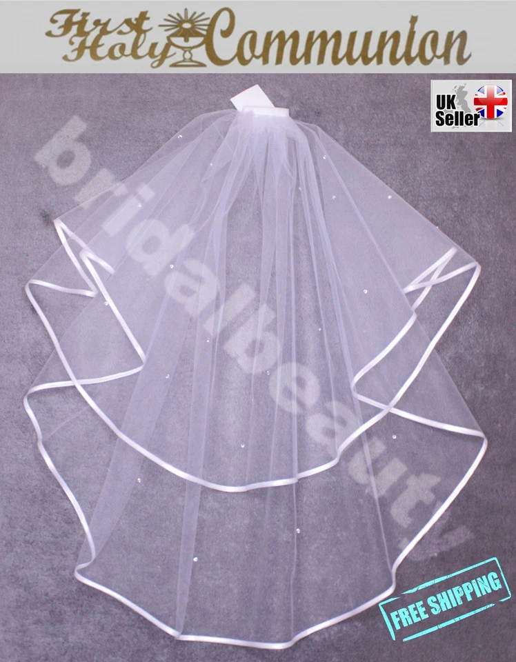 Girls 2T White First Holy Communion Veil Diamanté Crystals Pearls Beads Baptism