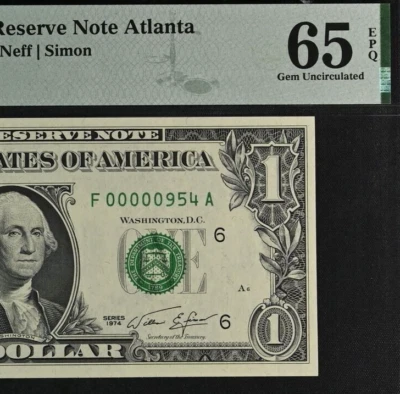 1974 $1 Atlanta FRN PMG 65EPQ gem three digit low serial number 00000954 - Image 1 of 3