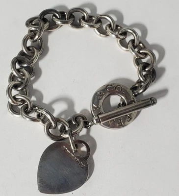 Vtg Sterling Silver TIFFANY & CO. Toggle Heart Charm Chain Bracelet Lot 8" - Image 1 of 4