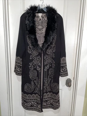 Chicos 2 Largo Negro Dorado Metálico Plumero Suéter Cárdigan Extraíble Piel Grande Foto 1 de 4