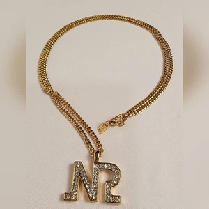 Nina Ricci Big Initial Rhinestones CZ Gold Necklace Vintage - Picture 1 of 12