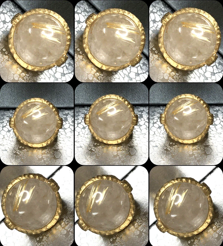 Anillo de cuarzo cabujón rutilado de latón dorado RL talla 5,5 martillado Foto 1 de 4