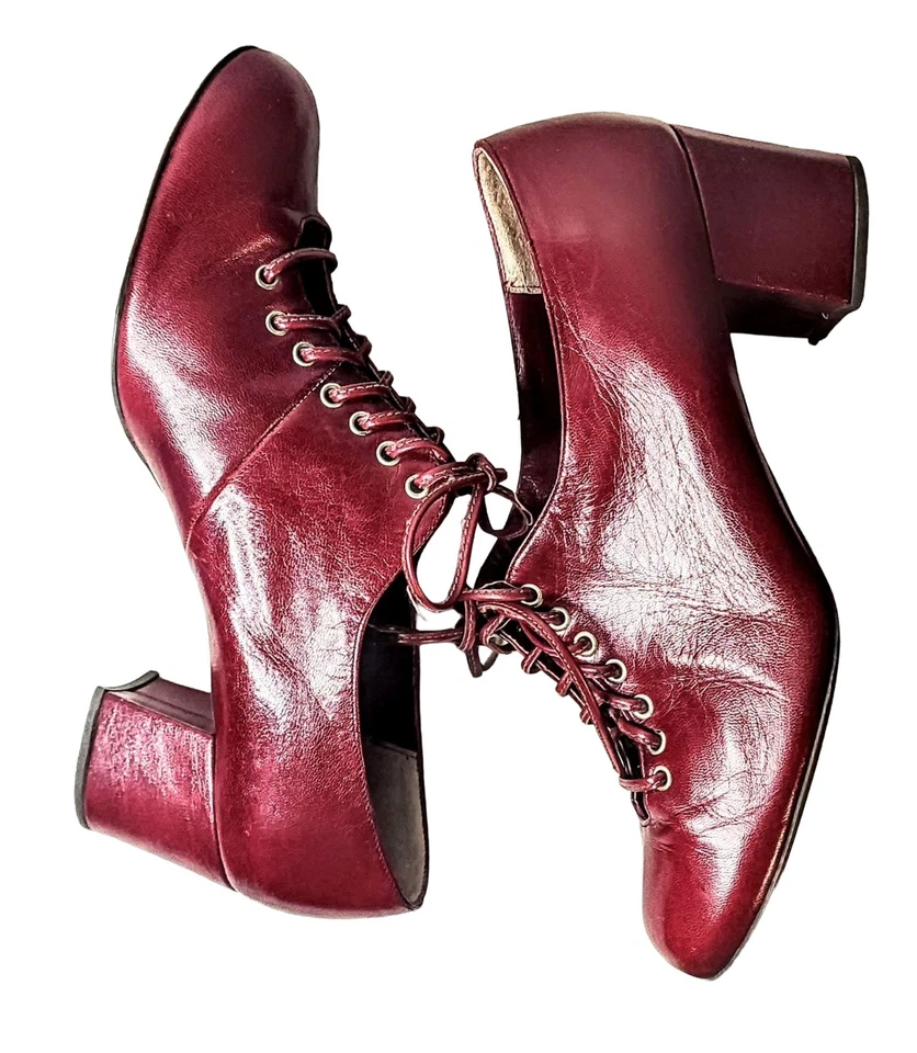 1960s Mod Leather Lace Up Shoes Chunky Heel Psychedlic Pattern Fabric Insole 7M - Image 1 of 4