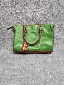 Tignanello Satchel Shoulder Bag Green Brown Pebbled Leather Top Zip Tassel - Picture 1 of 12