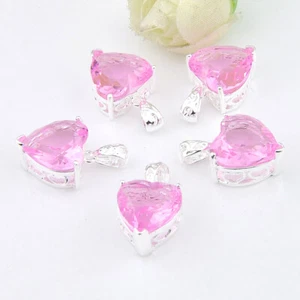 5PCS Wholesale Love Heart Pink Topaz Gemstome Silver Pendants for Holiday - Picture 1 of 10