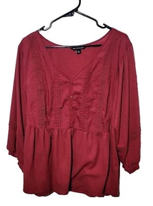 Zac & Rachel women sz 2X top burgundy/wine boho peasant lace buttons embroidery - Picture 1 of 10