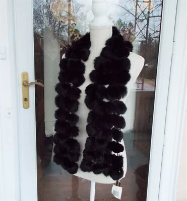 Cejon Genuine Black Rabbit Hand Strung Fur Ball Stole Scarf 55" Long NWT Lovely - Image 1 of 4