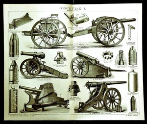 1894.OLD PRINT LITHOGRAPHIC:KANONEN,HAUBITZEN,FEUERWAFFEN,KUGELN Tav I-Geschütze - Bild 1 von 1