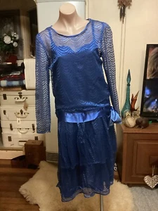 Original Vintage 80’s HARLEQUIN blue Lace Midi Length Dress Low Waist 10-12 - Picture 1 of 11