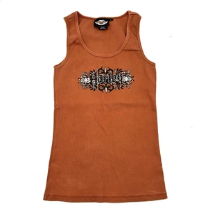 Y2K Harley Davidson Burnt Orange Tribal Studded Rhinestone Angel Wings Tank Top - Picture 1 of 14