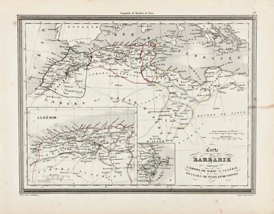 1845 BARBARY COAST - AFRICA Map ORIGINAL (10x7.5)  ALGIERS - TRIPOLI - BENGHAZI - Image 1 of 3