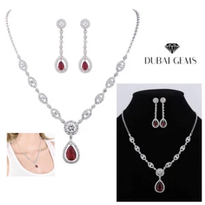 White gold finish pearcut red ruby & created diamond pendant and earrings Brand - Picture 1 of 6