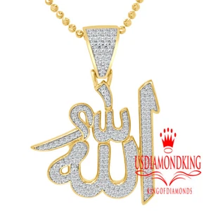 Real Yellow Gold Sterling Silver Lab Diamond Allah Muslim Pendent Charm + Chain - Picture 1 of 5