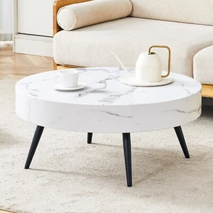 31.5" White Marble-Patterned MDF Round Coffee Table w/black Metal Legs - Picture 1 of 22
