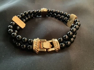 Vintage MONET Double Strand Black Bead Gold-Tone Bracelet Signed - Picture 1 of 6