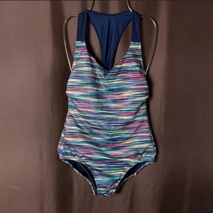 Lands' End Damen 4 Racerback V-Ausschnitt Einteiler Badeanzug Deep Sea Navy Space Dye - Bild 1 von 13