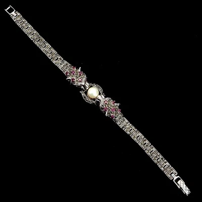 Black Friday Sterling Silver Bracelet Round Ruby Marcasite Pearl Tiger Gem 7.5 I - Image 1 of 4