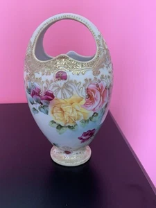 ANTIKE NIPPON MOND KORB VASE MORIAGE PERLEN HANDBEMALT ROSEN 9" HOCH - SCHÖN - Bild 1 von 15