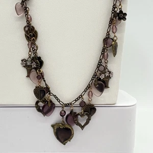 Vintage Banana Bob Heart Charm Necklace Purple Glass Brass 19” Romantic Style - Picture 1 of 9