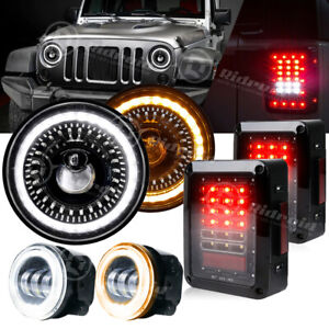 7" Start-Up Halo Headlights + Fog Tail Brake Lights For Jeep Wrangler JK 07-18