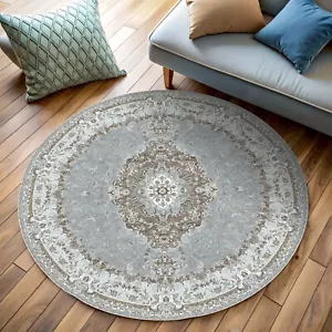 Blue Victorian Rug, Round Floral, Muted Oriental, Vintage Faded, Pastel Antique - Picture 1 of 5
