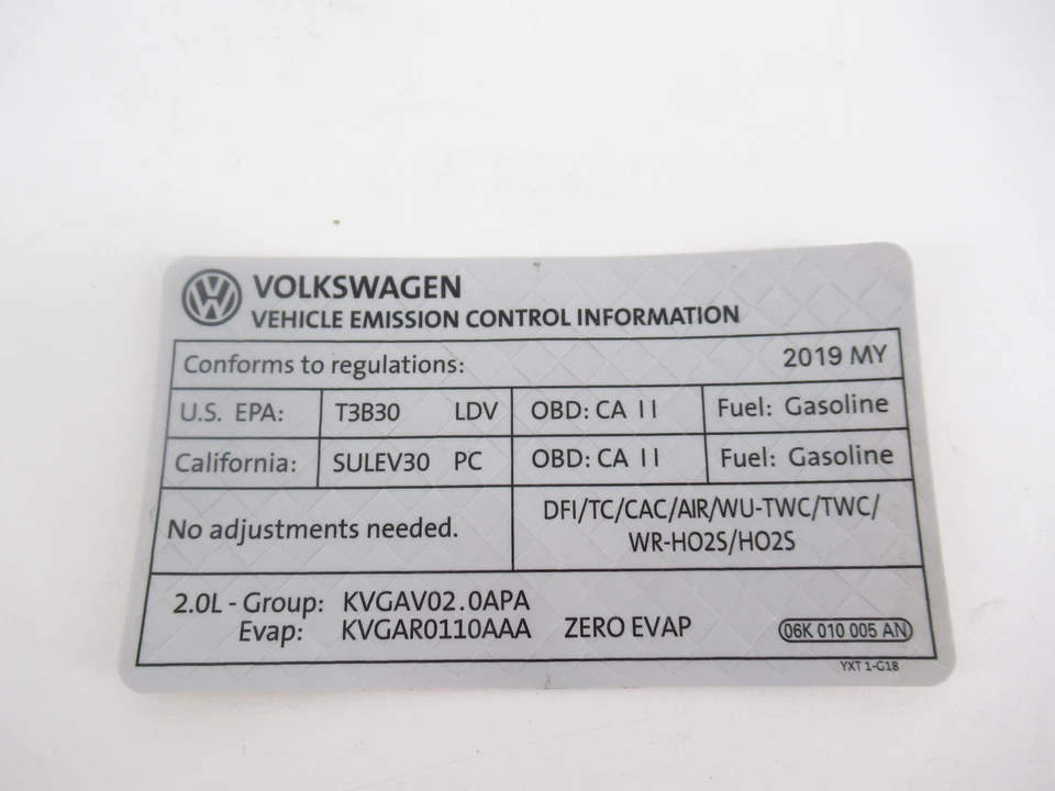 Etiqueta de información del motor de emisiones Jetta 2019 2,0 L original OEM VW 06K-010-005-AN Foto 1 de 1