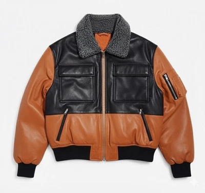 Men’s Real  Leather Puffer two color Black & Tan  sherpa collar  jacket - Image 1 of 4