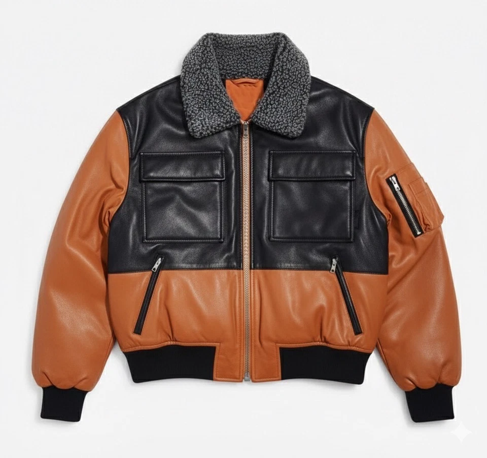 Men’s Real  Leather Puffer two color Black & Tan  sherpa collar  jacket - Image 1 of 4