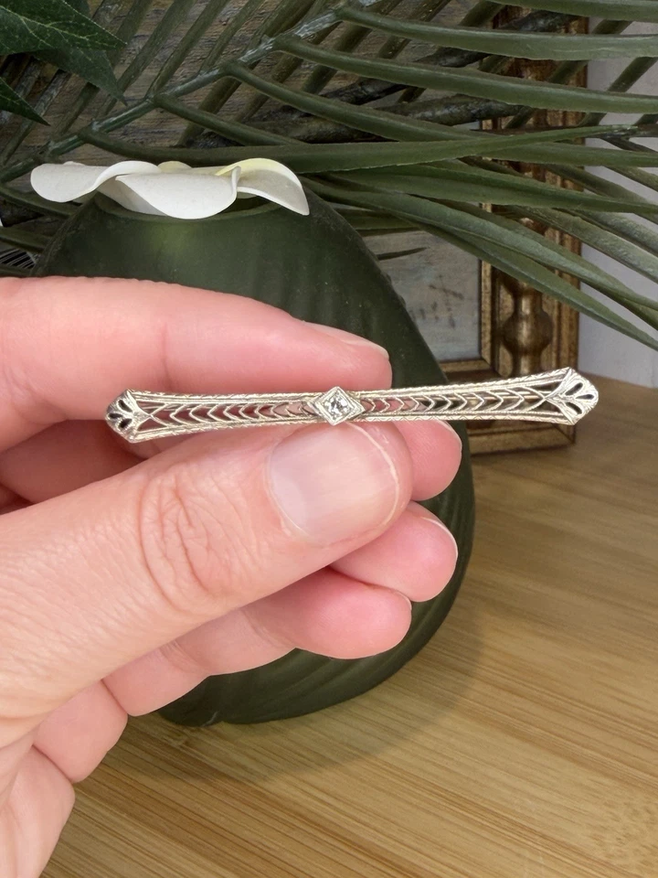 Antique Diamond Art Deco Era Filagree Bar Pin Brooch In 10K White Gold - Image 1 of 4