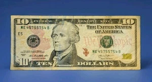 $10 Ten Dollar Bill Fancy Serial Number Mirror Note 2013 Radar Trinary 45755754 - Picture 1 of 3