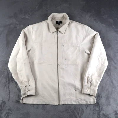 Stussy Jacket Mens L Large Beige Micro Suede Work Shirt Full Zip Shacket Logo - Image 1 of 4