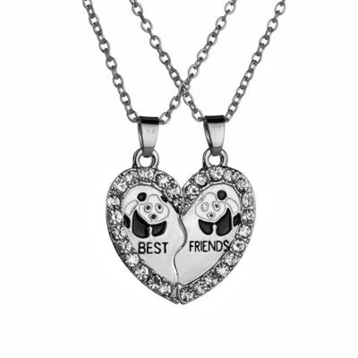Argento Panda Rotto Cuore Best Friend Strass 2 Pezzi Amicizia Collana Regalo - Immagine 1 di 4
