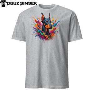 Colorful Doberman Unisex T-Shirt | Vibrant Dog Graphic Tee | Short Sleeve Tee - Picture 1 of 10