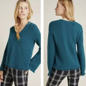 Anthropologie Joy Fringed V Neck Sweater Dark Turquoise Teal Sz M NEW $120 - Picture 1 of 14