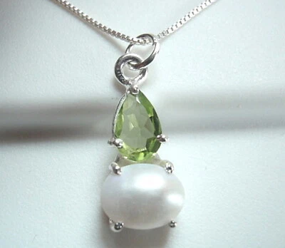 Cultured Pearl & Faceted Peridot Double Gem 925 Sterling Silver Necklace - Image 1 of 2