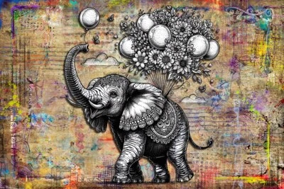 Elefante con Globos 13x19 pulgadas, Decoración del Hogar Arte Animal para Guardería Envío Gratis EE. UU. Foto 1 de 4