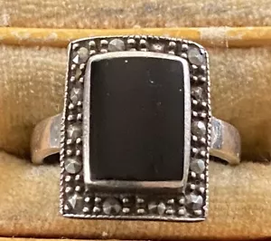 alter 925er Silber Ring mit schwarzem Schmuckstein / Onyx + Markasit Gr.:59 - Bild 1 von 10