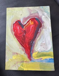 RED HEART PAINTING Abstract Modern Whimsical ORGINAL OIL CANVAS 7" California - Picture 1 of 12
