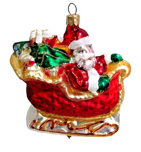 Santa Sleigh Toys Glass Christmas Ornament Hand Blown Painted Box Vintage - Picture 1 of 9
