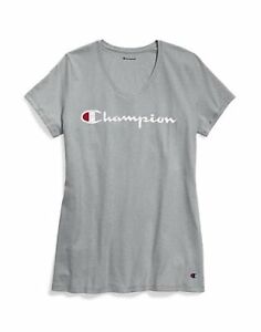 Champion Women's V-Neck Tee T-Shirt Vintage Script Logo Jersey Short Sleeve Plus