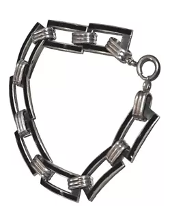 Foster & Bailey Sterling Silver Black Enamel Link Bracelet 7.5" Long Art Deco - Picture 1 of 10