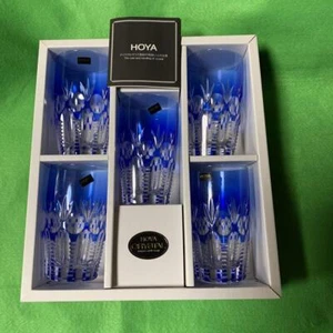 HOYA Crystal Edo Kiriko Glass Cutting Blue Clear Tumbler Set of 5 Art with Box - Picture 1 of 7