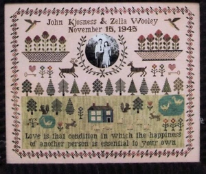 Cross Stitch Embroidery 1945 Wedding Sampler Rabbits Ducks Deer Flowers Birds - Picture 1 of 3