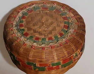 Coperchio contenitore cesto canna vintage tessuto decorativo 6,5" rosso verde - Foto 1 di 12