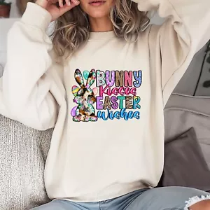 Happy Easter Sweatshirt, Bunny Kisses Easter Wishes, Easter Gift for Woman - Picture 1 of 10
