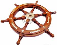 24"Nautical antique Wooden Ship Steering Wheel Brass Anchor Item Handmade Style