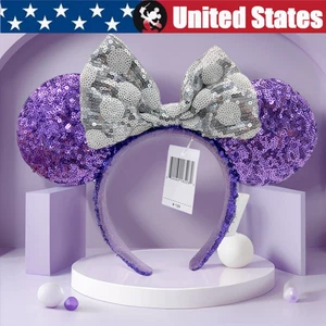 Disney Parks Shanghai Minnie Mouse Headband Ears Purple Silver Bow Sequins ๐ - Picture 1 of 10