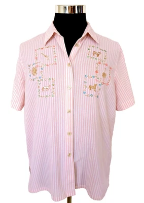 Koret Francesca Blouse Women's Size Large Pink & White Stripes Beads Embroidery - Image 1 of 4