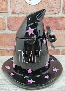 Rae Dunn Treats Halloween Sombrero Bruja Negro Bote Estrellas Púrpura 7.5 Espeluznante Nuevo   - Imagen 1 de 8